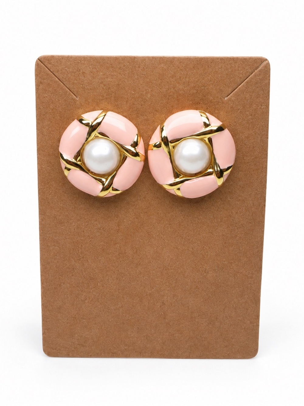 Pink Enamel Pearl Gold Tone Statement Stud Earrings Preppy Coquette